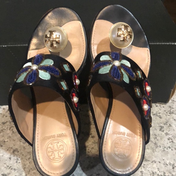 Tory Burch Estella Satin Bejeweled Pearl Block Sandal Sz 5 - Picture 7 of 16